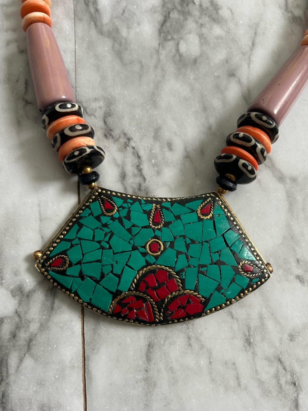 Tibetan Nepali style large Mosaic brass pendant possibly Coral & Turquoise Inlay